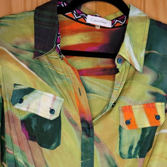 Calvin Klein Green Geoetric Button Down Cinch Waist Tunic M - Picture 4 of 7